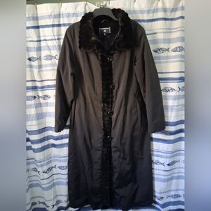 Portrait Long Trench Coat Womens Xl Black Button Up W/ Faux Fur